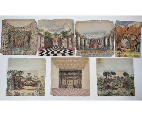 Decorative group of seven part-hand-painted part-printed sets for a toy theatre depicting temples and landscapes, average siz