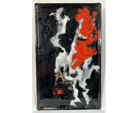 Rita Moiret (1912-1994) enamel composition, abstract, in tray form, signed verso, 32.5cm x 20cm