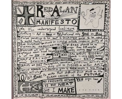 Sir Grayson Perry (b. 1960) Red Alan Manifesto luncheon napkin print, 2014, with artist's logo to the print, 33 x 33cm, glaze