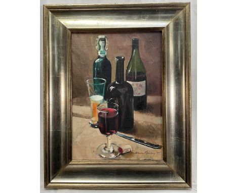 Adrian Bailey - oil on canvas in gilt frame 'Still life of wine and beer', signed and dated '95, 34cm x 24cm, framed