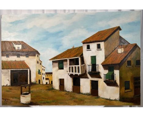 M. Lamga, oil on canvas, 20th century, Spanish village square with well, signed and dated '75, 81cm x 122cm, unframed