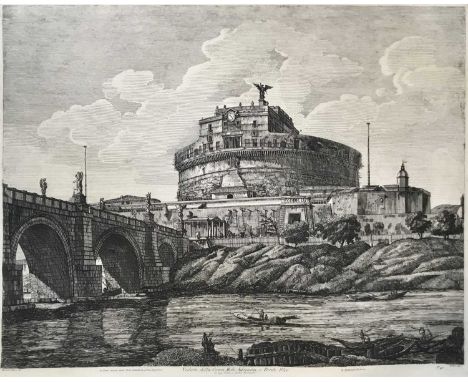 Luigi Rossini (1790-1857) etching with engraving - Veduta della Gran Mole Adriana e Ponte Elio, Roma 1821, 42.5cm x 55cm, unf