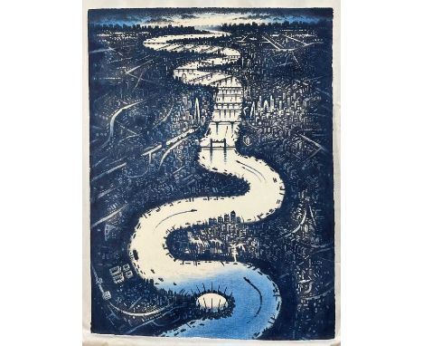 John Duffin (b. 1965) etching with watercolour - Thames, signed titled and numbered 9/10, 75cm x 57cm, unframed
