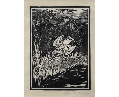 Katherine Clayton (20th century) woodcut print - Kingfisher, signed and indistinctly dated, together with a watercolour of ki