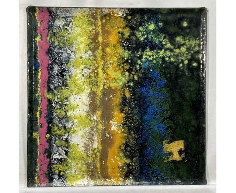 Rita Moiret (1912-1994) enamel composition, abstract, in tray form, signed verso, 30cm x 30cm