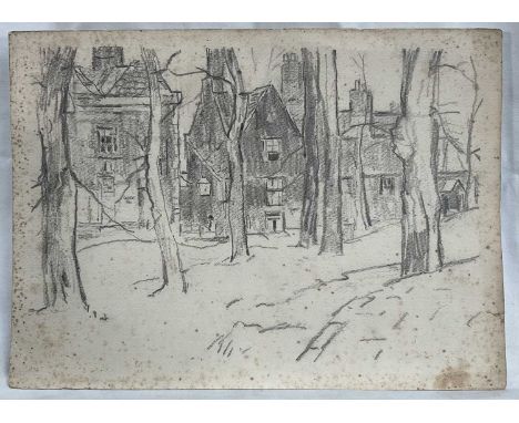 Impressionist School, graphite drawing on paper - A Street through Trees, 27.5cm x 38cm, unframed