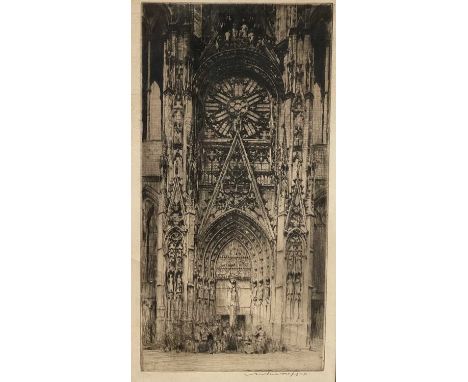 Mortimer Menpes, etching of Rouen cathedral, 31.5cm x 17cm, signed in glazed frame.