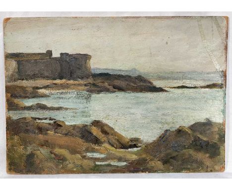 19th century plein air impressionist double sided oil on panel, a view of a beach cove with rocky surroundings, verso a river