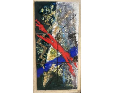 Rita Moiret (1912-1994) enamel composition, abstract, comprised of 6 panels on board, signed, 107cm x 51cm, 122cm x 66cm over
