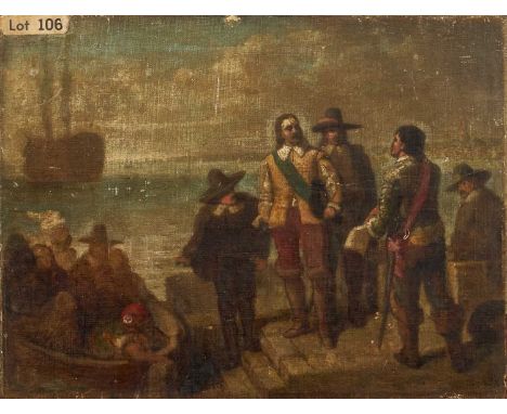 Attributed to Charles Lucy (1814-1873) oil sketch on canvas laid on panel - 'The arrival of Oliver Cromwell and Hampden when 