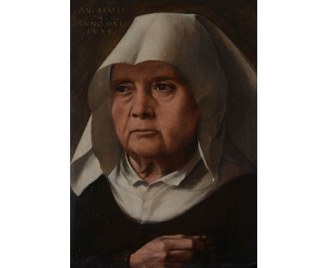 Follower of Pieter Jansz. Pourbus (Flemish c.1523-1584)   Portrait of an old lady Oil on panel Inscribed 'AN.ATATIS/74/ANNO D