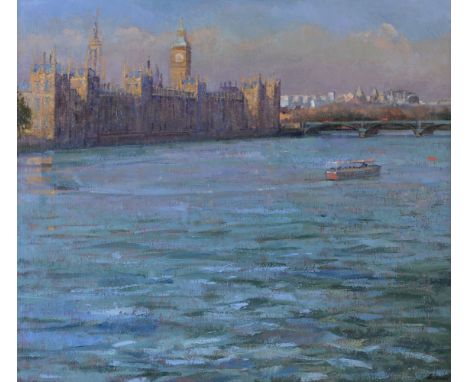 λRobert Brown (British b.1936) Palace of Westminster, Afternoon Light Oil on canvas Signed lower right 66 x 66cm (25 x 25 in.