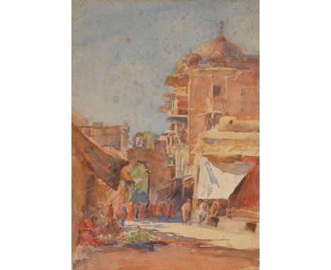 Hercules Brabazon Brabazon (British 1821-1906)   Cairo Street Scene within the Old City Gate   Watercolour and pencil Signed 