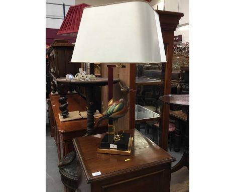 Decorative table lamp with enamelled porcelain and gilt metal bird mount and white shade