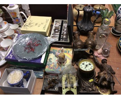 Parts of spelter mantle clock and garnitures, boxed cutlery, collectors plates and sundries