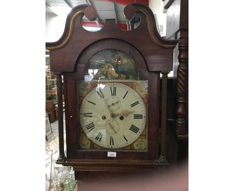 19th century mahogany longcase clock with painted arch dial and 8 day movement (weights &amp; pendulum)