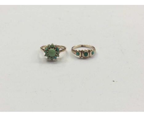 9ct gold turquoise cluster ring, size O and Victorian yellow metal turquoise three stone ring, size LCondition report: Unmark