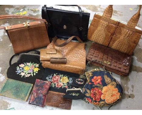 Group vintage handbags and purses including Jane Shelton lizard bag, crocodile leather handbag and clutch, ostrich leather ha