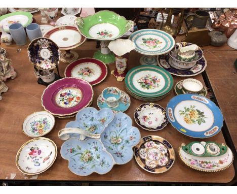 Collection of mostly 19th century English floral-decorated porcelain, including cups and saucers, plates, tazza, vase, inkwel