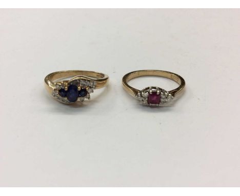 9ct gold diamond and sapphire crossover ring, size K½ and 9ct gold ruby and diamond ring, size MCondition report: Total weigh