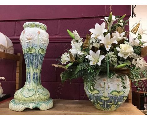 Ceramic two piece jardinière with artificial flowers
