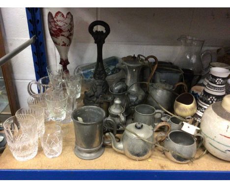 Sundry items, including glassware, pewter, ceramics, flatware, etc (one shelf)