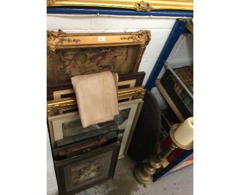 Large group of pictures and prints together with a freestanding brass candlestick