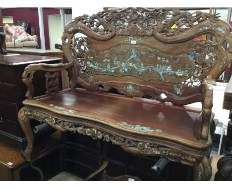 Chinese ornate carved wooden bench with mother of pearl inlay figure in landscape decoration 122 cm wideCondition report: Fro