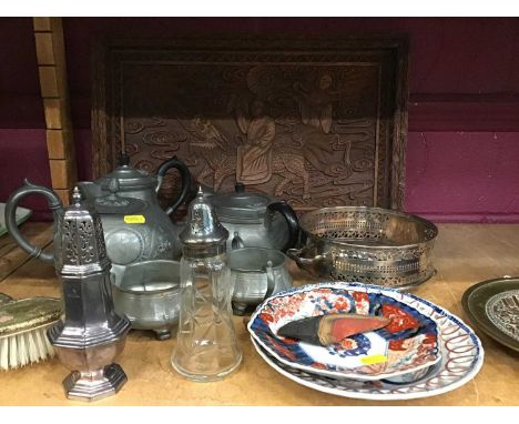 Sundry items, including a carved Chinese carved wooden tray and silk shoe, Japanese Imari dishes, pewter and silver plate