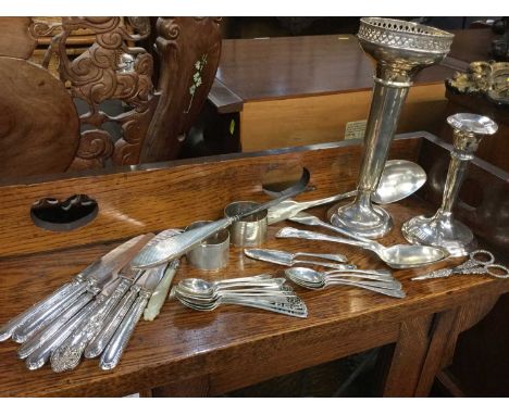 Group of silver to include spill vase, candlestick, napkin rings and cutlery (qty)