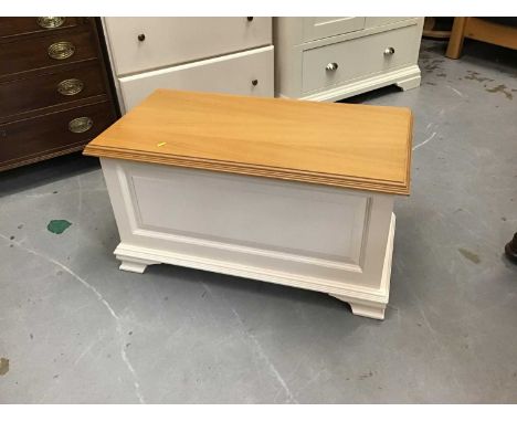 Contemporary white painted blanket box with hinged light oak top, purchased from Hatfields, Colchester at a cost of £415.00, 