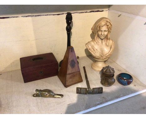 Sundry items, including an antique brass duck head paper clip, a metronome, cloisonné pot, brass lamp, etc