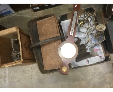 Pair of hall lanterns, records, cine-camera, iron door stop, pair of wooden panels, trug and a barometer