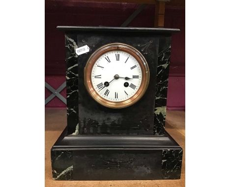 Victorian Black Slate mantel clockCondition report: It has a key but no pendulum, strikes on bell. Tiny chip to the enamel ri