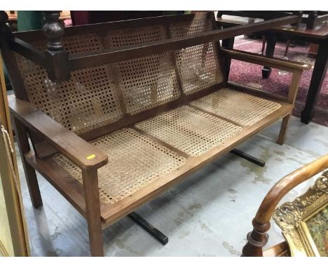 Teak planters two seater bench with caned seat and back and matching elbow chair