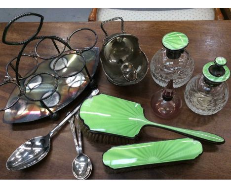 Silver and lime green guilloche enamel dressing table wares, pink glass scent bottle with silver collar and plated items