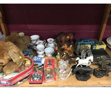 Royal Doulton horse, two Berwick horses, other ornaments, tea ware, Steiff dog, toy cars and sundries