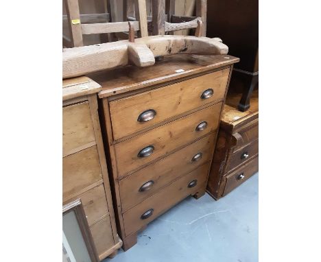 19th century pine chest of four long drawers with anodised cup handles on bracket feet 76 cm wide, 104 cm high, 51 cm deep