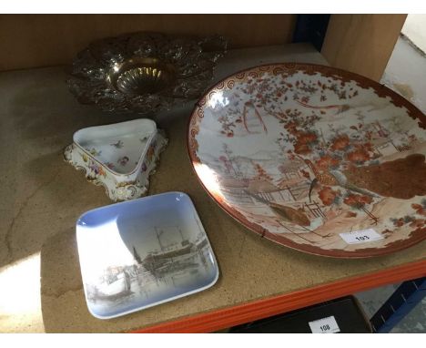 Early 20th century Japanese porcelain charger, Danish dish, Dresden pin dish and brass dishCondition report: Some light wear 