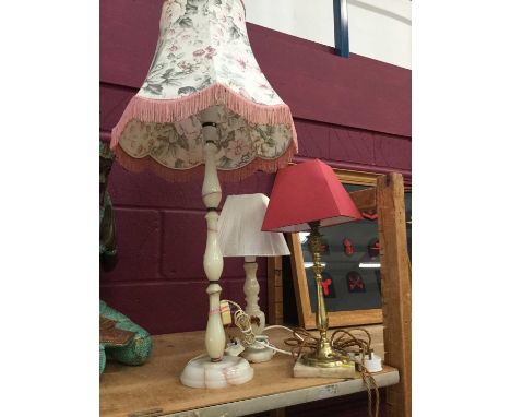 Two Onyx table lamps together with a brass and Alabaster table lamp (3)