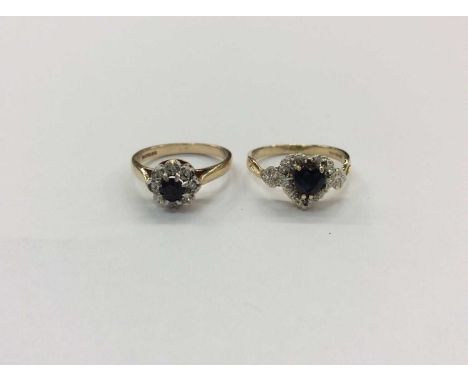 Two 9ct gold sapphire and diamond cluster rings to include one round mixed cut sapphire, ring size L and heart shaped sapphir