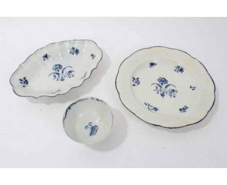 18th century Worcester blue and white porcelain, including a Fisherman pattern sugar bowl, an oval dish, and a further dish, 
