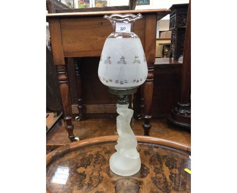 Art Deco frosted glass lamp in the form of a mermaid holding a shell, with engraved frosted glass shadeCondition report: In g