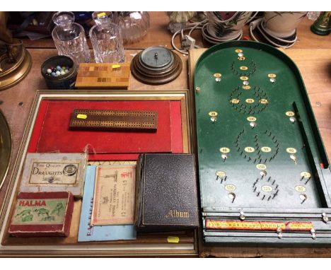Vintage games, Confederate share certificates in glazed frame, postcard album, New Zealand specimen wood box, pair glass deca
