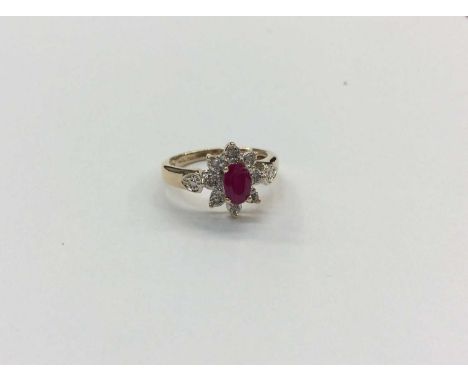 9ct gold ruby and diamond flower head cluster ring, size I½Condition report: Weight 2.4g