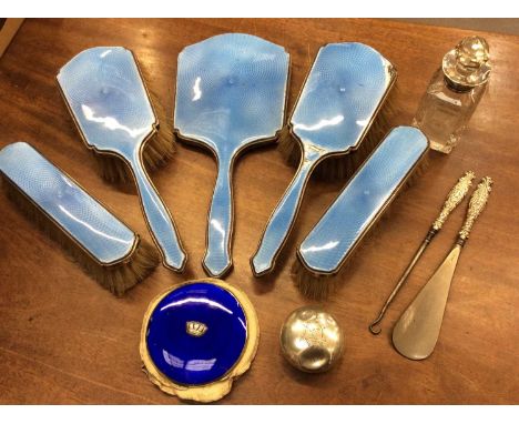 Five piece silver and blue guilloche enamel dressing table set, other silver mounted items and a silver and navy blue enamel 