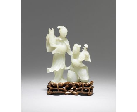 A pale green jade carving of female musiciansRepublic PeriodEach clad in layered, flowing garments, one carved standing and h