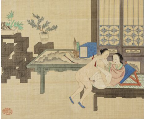 Anonymous (19th century)Erotic scenesTen leaves from a series, each bearing red seal, mounted. Each 21.5cm (8 1/2in) x 26cm (