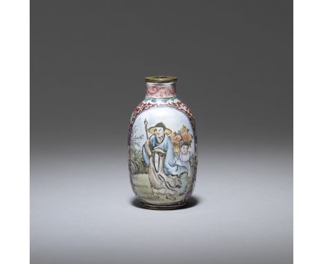 A painted enamel snuff bottleQianlong four-character mark, late Qing DynastyDecorated with panels of gentlemen and boy attend