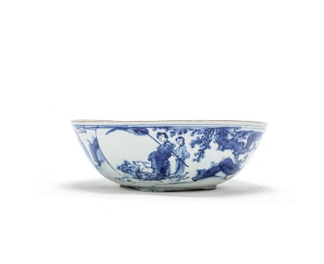 A large blue and white 'Song of Eternal Regret' bowlYutang Jiaqi four-character mark, 17th centuryFinely painted in bold wash